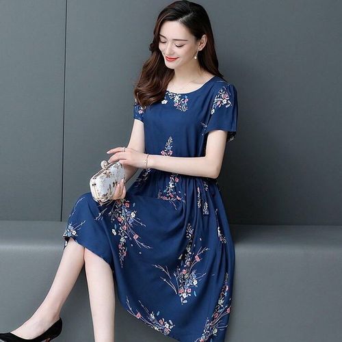 妈妈夏装短袖连衣裙2020中老年女装过膝长裙中年女大码广场舞裙子