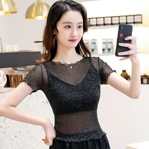 亮丝网纱内搭2021春夏季新款蕾丝打底衫女性感上衣薄款透明百搭