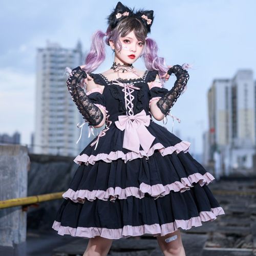 原创正版辣喵芭蕾lolita甜美少女绑带蝴蝶结三段式jsk吊带连衣裙