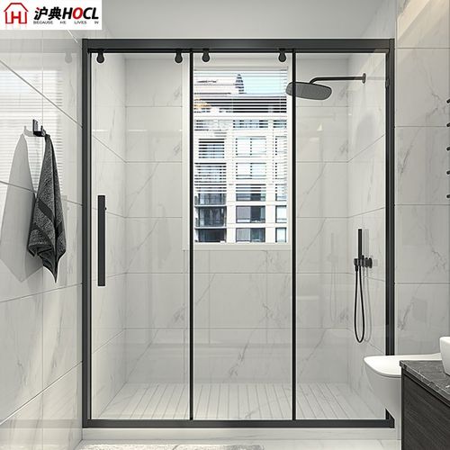 黑色不锈钢三联动淋浴房浴室三门互动玻璃推拉门一字