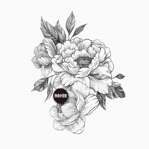 独角小怪兽 素描植物花臂纹身贴 牡丹花防水男女持久