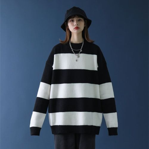 黑白条纹毛衣女温柔慵懒风上衣秋冬宽松外穿套头针织衫潮ins百