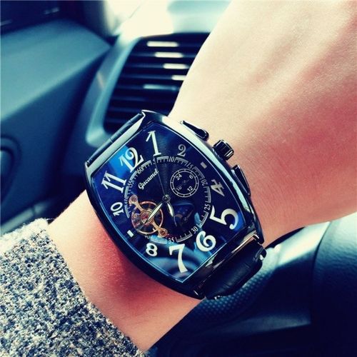 韩版时尚陀飞轮全自动镂空机械表男士酒桶型方形大表盘商务手表男