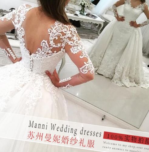 速卖通新款外贸婚纱礼服 跨境欧美新娘蕾丝长袖鱼尾婚纱定制