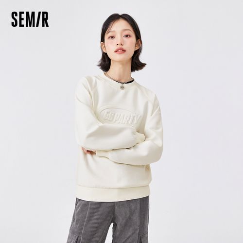 森马卫衣女米白色插肩袖圆领衣服2022春季新款字母宽松套头衫温柔