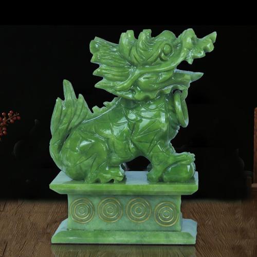 天然青玉麒麟摆件一对客厅办公室家居装饰大号岫玉石雕工艺品送礼