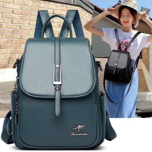 袋鼠真软皮背包女2021新款女双肩包韩版百搭大容量旅行包学生书包