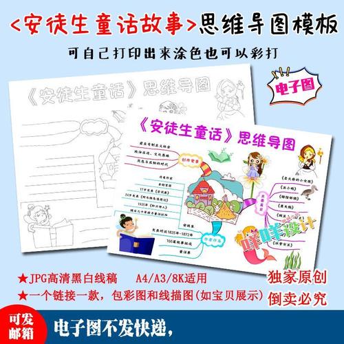 a4/a3/8k学生读书安徒生童话故事思维导图黑白线描涂色手抄报模板
