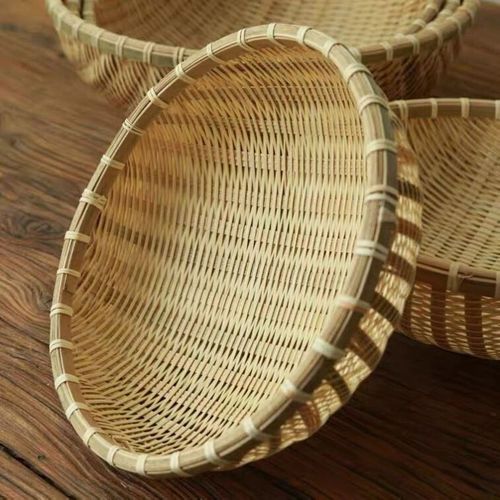 竹编簸箕圆形筲箕竹筛子k农家竹制品收纳筐家用有孔水果篮洗菜圆