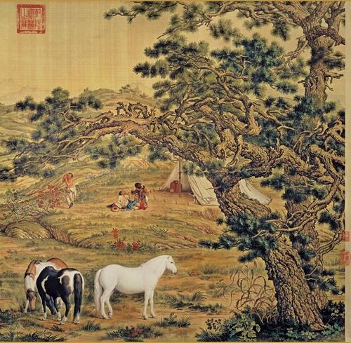 gqe37清郎世宁百骏图94x776超高清电子版山水墨彩国绘画图片素材