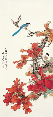 名画复制品田世光红树双雀30x65厘米中国画微喷花鸟画名人字画