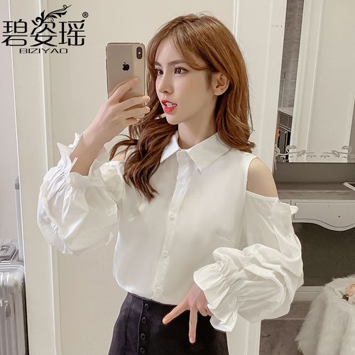 2022春装新款韩版时尚polo领性感泡泡袖露肩衬衫女设计感洋气上衣