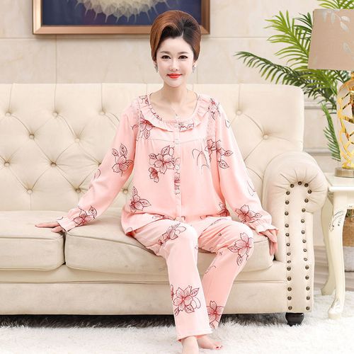 妈妈睡衣特大码200斤睡衣女秋季圆领开衫加肥加大纯棉