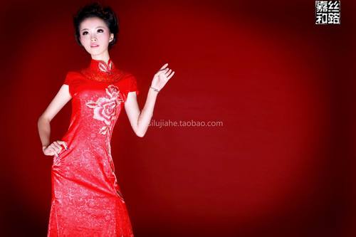 【丝路嘉和旗袍】大红闪光喜 红色暗花婚宴敬酒长礼服
