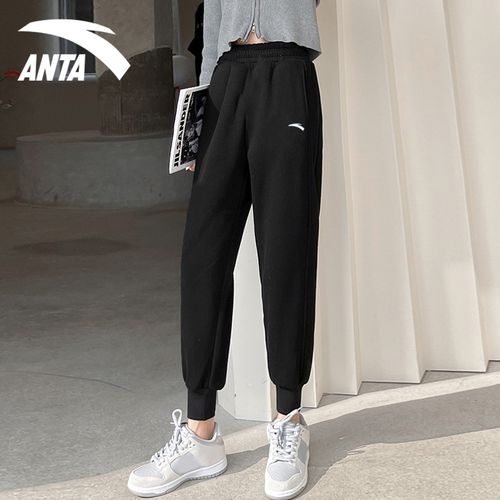 安踏女裤运动裤夏季款宽松针织透气黑色休闲卫裤子薄款束脚长裤女