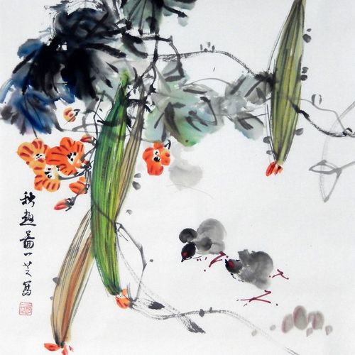 特价手绘真迹国画花鸟画客餐厅字画三尺斗方水墨写意丝瓜小鸡图4