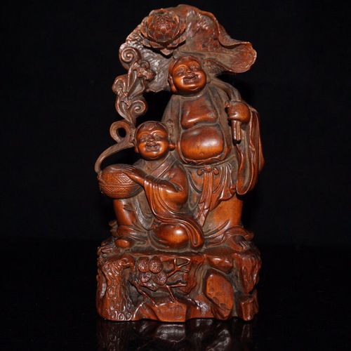 古玩旧藏民俗老纯手工木雕和合二仙(黄杨木雕刻)百年好合摆件