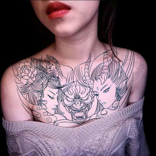 弦桃线条胸甲龙姬三面佛纹身贴胸前大图防水男女花臂关公半甲佛纹身p1