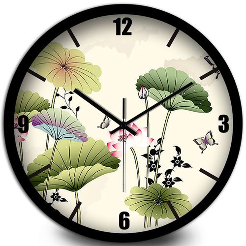 复古中国风时钟 荷花图案挂钟 静音钟表家用客厅挂表