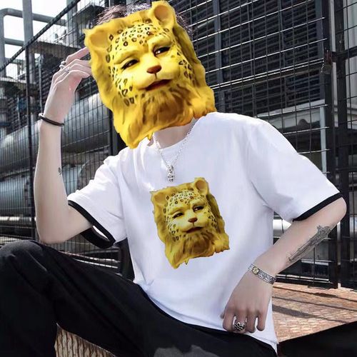 卡柏奇 夏季学生短袖t恤男宽松假两件印花卡通网红金钱豹百搭衣服潮流