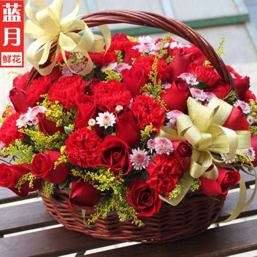 抚州花店同城速递 99朵双心形红白玫瑰花篮生日鲜花3