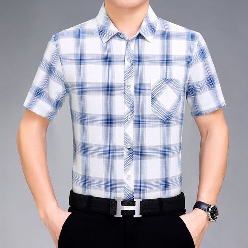 夏季短袖衬衫男中年男士商务格子衬衣薄款爸爸休闲透气半袖棉衬衣