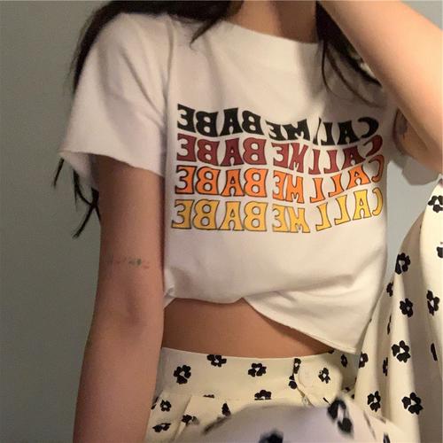 欧美高街短款短袖t恤女修身韩版ins潮原宿风辣妹高腰