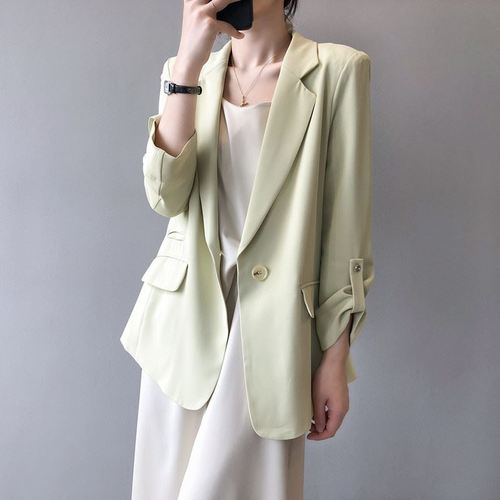七分袖西装外套女2021早秋网红中长款薄款韩版宽松一粒扣西服外套