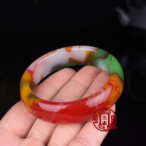 和田玉彩玉色手镯天然金丝玉镯女款玉石七彩玉手镯子工艺品