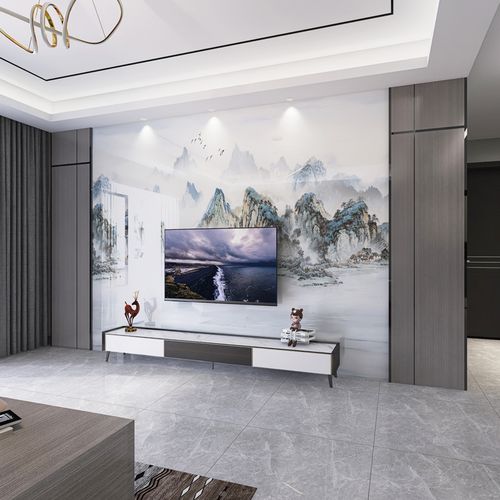 新中式岩板电视背景墙实木造型装饰客厅山水大理石新款影视墙定制