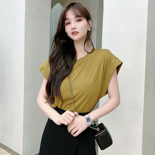 卡卡女装官方旗舰正品夏季韩版百搭简约风落肩飞袖纯色t恤上衣潮