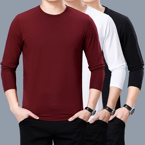 男士长袖t恤男圆领纯棉中年男装高档体恤衫打底衫秋季薄款纯白色