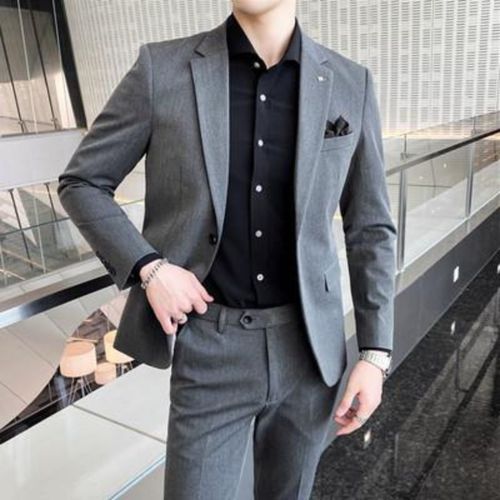西服套装男秋季休闲修身商务职业正装结婚礼服新郎小西装浅色外套