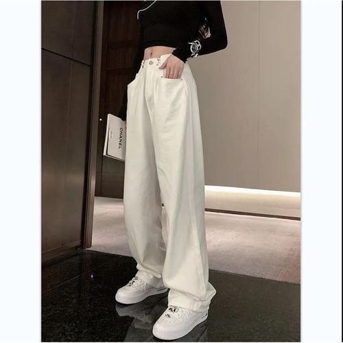 白色裤子女宽松休闲直筒裤2021新款宽松高腰阔腿裤设计感拖地裤