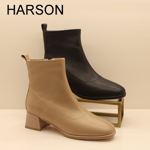 harson哈森2021秋冬新款侧拉链黑色百搭时尚中粗跟短靴女 ha10603