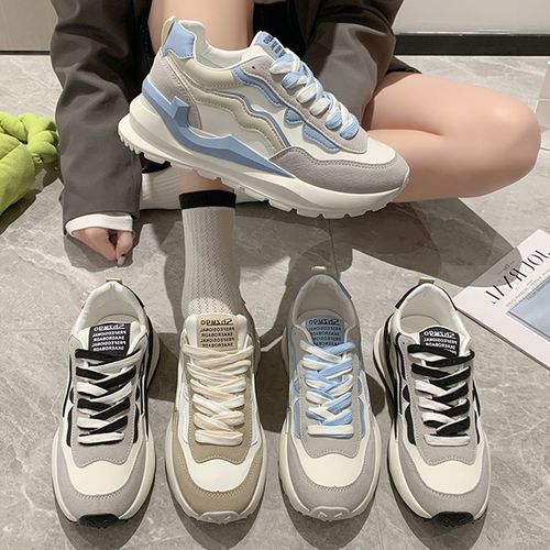 双鞋带老爹鞋女ins潮2022春秋新款华夫小蛮腰阿甘德训休闲运动鞋