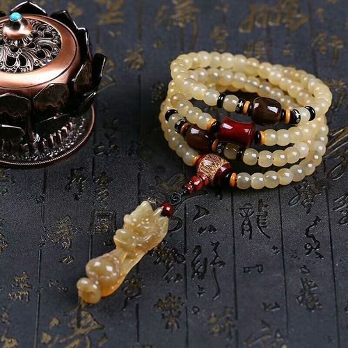 天然藏传老羊角毛衣链供养级龙头吊坠项链108颗带血料佛珠车挂