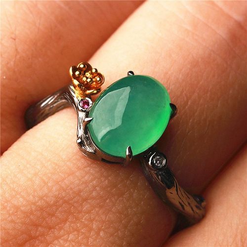 高档正品翡翠女戒冰种阳绿蛋面18k金镶嵌黑金复古款