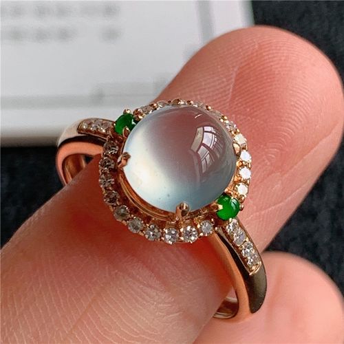 9月新品 鸿玉翡翠18k金镶嵌冰种起光白冰蛋面精美戒指