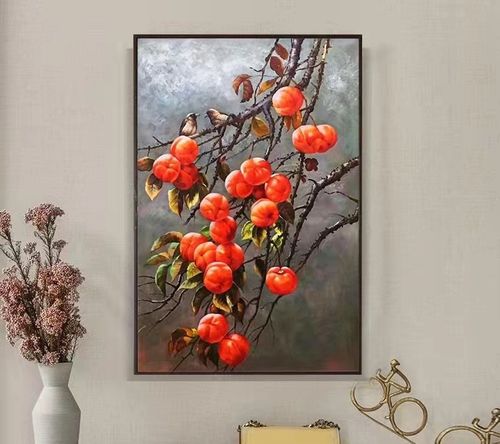 新中式柿子手绘油画玄关装饰画走廊过道壁画客厅装饰画竖版