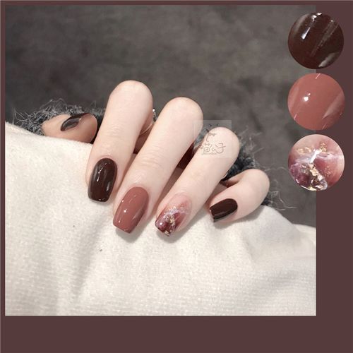 假指甲贴片光疗成品 酒红砖红色跳色晕染 新娘甲孕妇甲片美甲定制