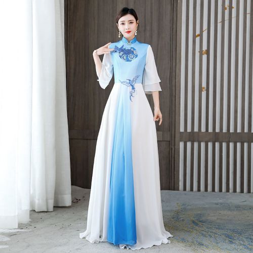 新款旗袍改良连衣裙古典舞蹈服民族风走秀演出女舞合唱晚礼服中式