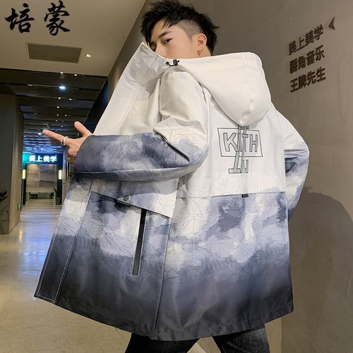 培蒙(peimeng)潮牌涂鸦印花男秋装潮流百搭宽松连帽风衣秋季中长款