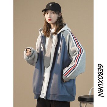 大码200斤撞色外套女2021年秋冬新款韩版学生连帽开衫卫衣棒球服fw曹
