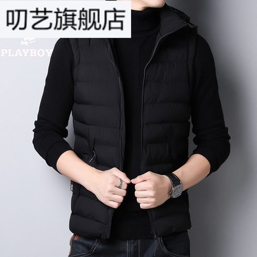 比音黑色勒芬雅戈黑色尔男士马甲秋冬季羽绒棉服潮流坎肩男连帽加厚外