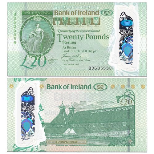 北爱尔兰20磅塑料钞 2017(2020)年 爱尔兰银行 全新unc 无47 p-92