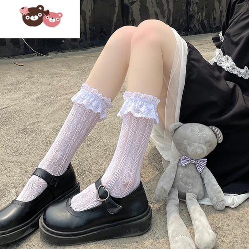 绿彩虹光白色蕾丝袜jk袜子女中筒袜花边短袜日系小腿袜lolita半腿袜