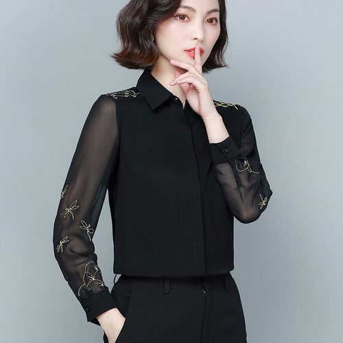 重磅真丝衬衫女秋蕾丝长袖衬衣设计感小众洋气桑蚕丝上衣 a-8154 黑色