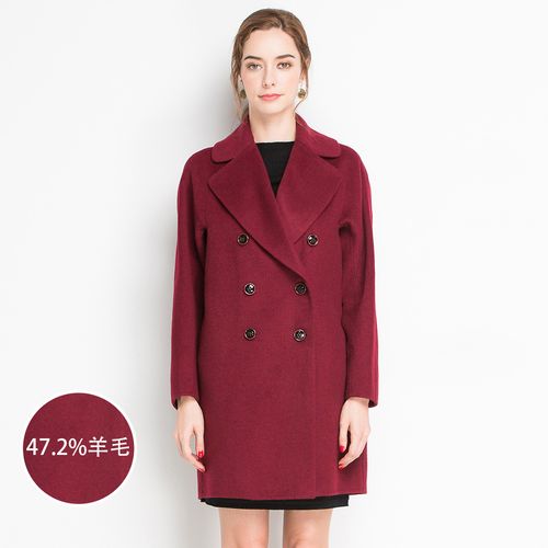 敦奴时尚纯色中长款双排扣女士含羊毛毛呢大衣外套