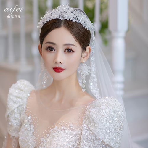新娘皇冠头饰韩式超仙手工串珠水晶王冠耳环套装婚纱礼服造型配饰